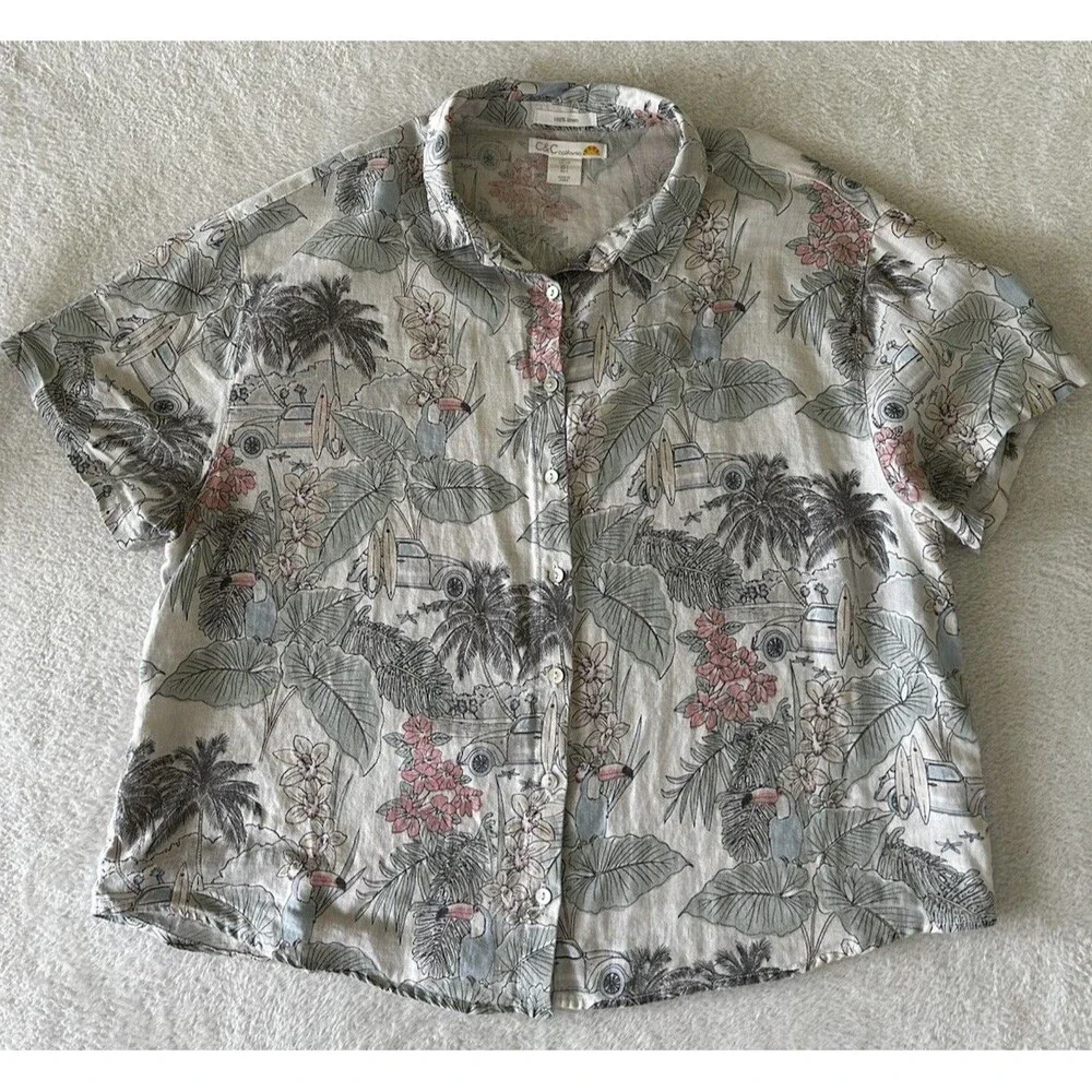 C&C California 100% Linen Top Hawaiian Tropical Cropped Boxy Beachy Size L - Picture 2 of 9